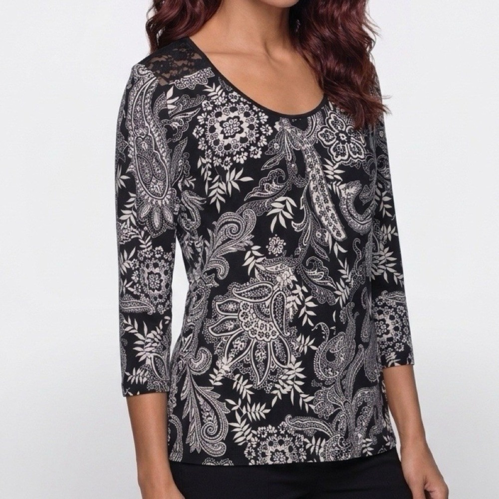 In Bloom by Jonquil Paisley Top Women Medium Black Lace Back 3/4 Sleeve DJP145